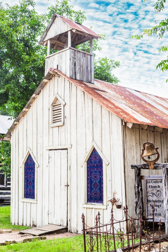 The stained-glass chapel in the Old West town at Enchanted Springs Ranch